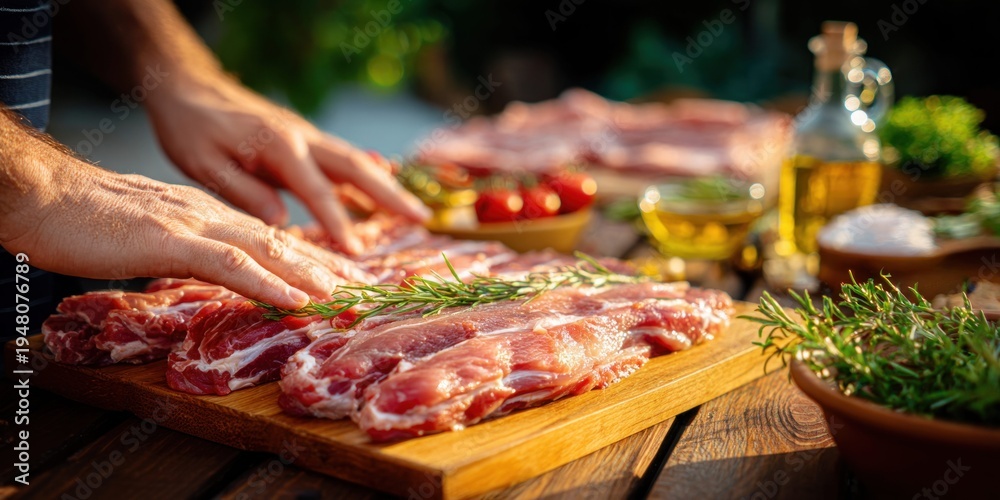 Obraz premium Hands preparing raw pork ribs with rosemary, tomatoes, and olive oil for grilling