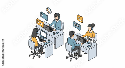 four colleagues collaborate in a vibrant isometric office, showcasing business data analysis, productivity, and creativity.