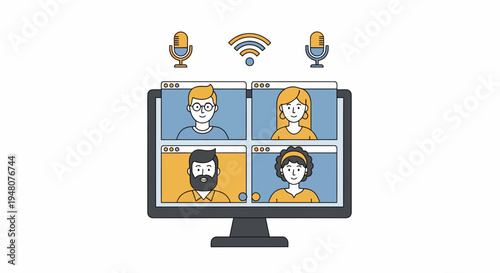 Business Data Analysis Meeting on a Monitor with Microphones and Wi‑Fi – Live Video Call Collaboration in a White Space