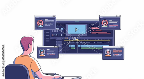 Cartoon Man Operates Multiple Screens in a Quiet Office, Watching Video Playback, Interpreting Charts