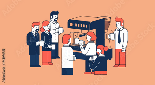 cartoon people, orange hard hats, and a dark blue machine collaborate around a control panel.