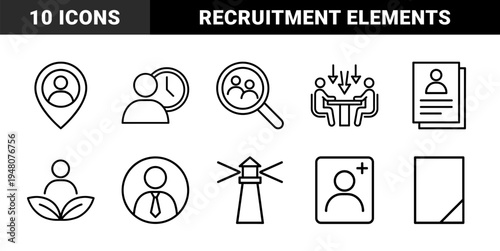 Human resources line icon set. Vector pictograms of recruiter, interview, profile, location, lighthouse, and resume, thin outline illustration.