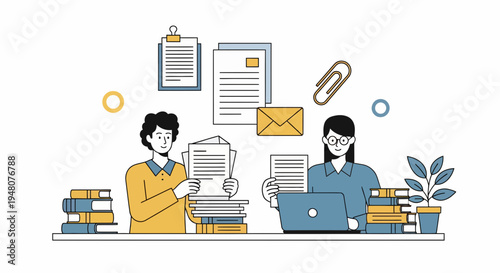 People Collaborate at Desk with Laptop, Papers, Plants in Busy Office