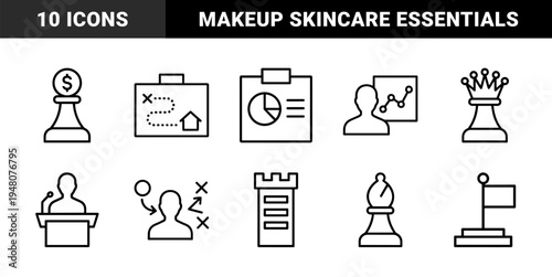 Cosmetic and beauty product line icon set. Vector pictograms of lipstick, perfume, mirror, brush, cream, and mascara, thin outline illustration.