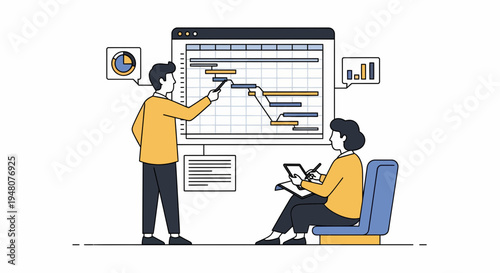Two Individuals Collaborate on Data Analysis with Visuals in a Bright Office