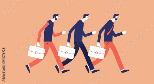 Three Professionals Walking Together with Briefcases and Coffee in a Peach Gradient Illustration