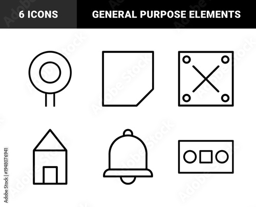 Miscellaneous outline icon set. Vector pictograms of a key, bell, house, cassette tape, sign, folder, and industrial panel, black line illustration.