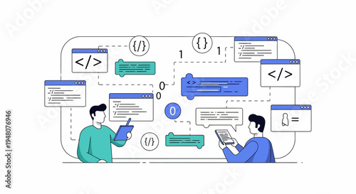 Two Developers Discuss Coding on Infographic with Tablets in a Clean Tech Workshop