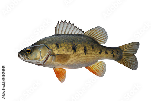 Perch fish swimming, freshwater predator, common european aquatic wildlife with distinctive patterned scales and orange fins