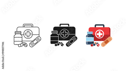 first aid kit and medical supplies flat design vector illustration on white background