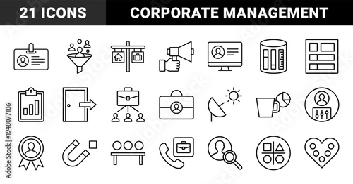 Business and human resources line icon set. Vector pictograms of megaphone, briefcase, recruitment funnel, magnet, and corporate building, thin outline illustration.