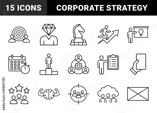 Business management line icon set. Vector pictograms of strategy, leadership, planning, teamwork, and achievement, thin outline illustration.