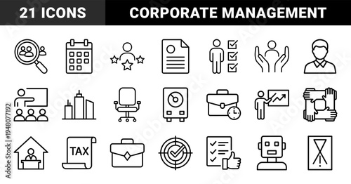 Business and human resources line icon set. Vector pictograms of calendar, resume, candidate, training, teamwork, tax, and robot, black outline illustration.