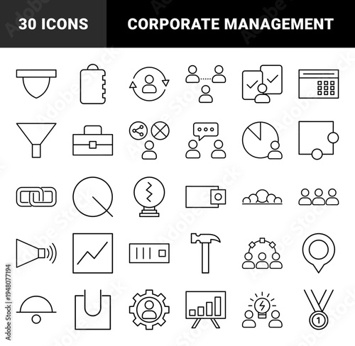 Business and management line icon set. Vector pictograms of briefcase, gear, calendar, funnel, hammer, chart, and trophy, thin black outline illustration.