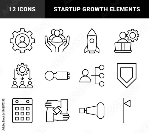 Business and startup line icon set. Vector pictograms of rocket, shield, calendar, gears, teamwork, management, and strategy, thin outline illustration.