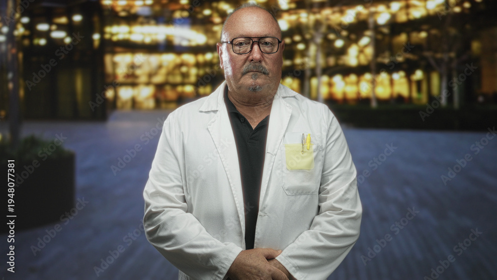 Naklejka premium Man doctor in white coat with pens in pocket stands with hands clasped before illuminated office building at night; professional concern.