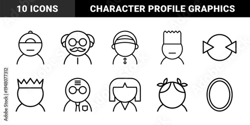 People and character avatar line icon set. Vector pictograms of man, woman, king, student, child, and professor, thin outline illustration.