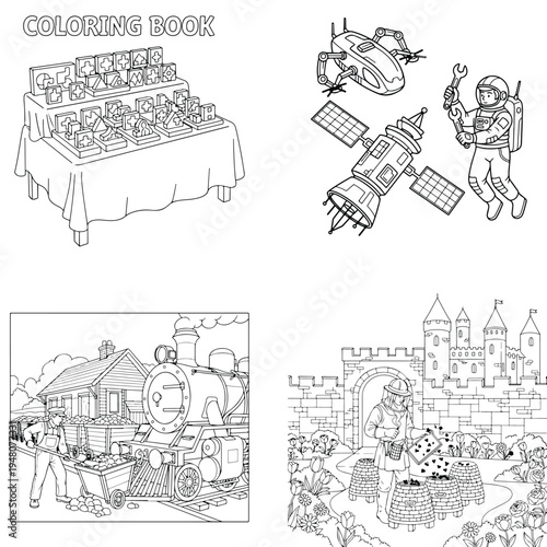 Space exploration and astronaut coloring book vector art with outer space with line art