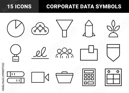 Business and data analysis line icon set. Vector pictograms of cloud computing, funnel, chart, rocket, growth, team, shield, and calendar, thin outline illustration.