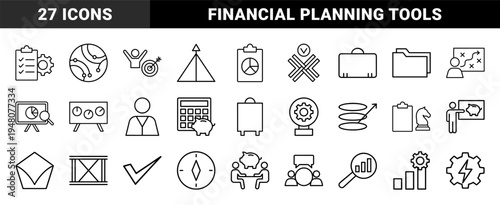 Business management and strategy line icon set. Vector pictograms of charts, clipboard, gear, folder, calculator, and chess piece, thin outline illustration.