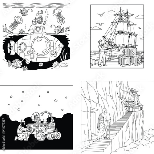 Submarine voyage under the sea coloring page vector with sea life with scuba diver