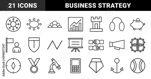 Business and strategy line icon set. Vector pictograms of graph, castle, piggy bank, megaphone, gears, and microscope, thin outline illustration.