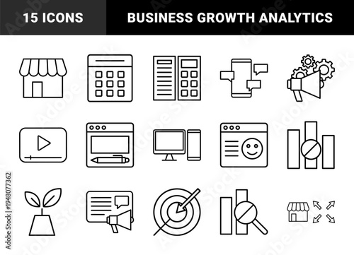 Business and digital marketing line icon set. Vector pictograms of smartphone, store, calculator, megaphone, computer, video, growth, and target, thin outline illustration.