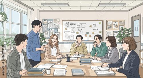 Diverse team meeting in office, brainstorming ideas, presentation and discussion around table