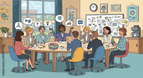 Diverse team brainstorming ideas in modern office meeting room with whiteboard