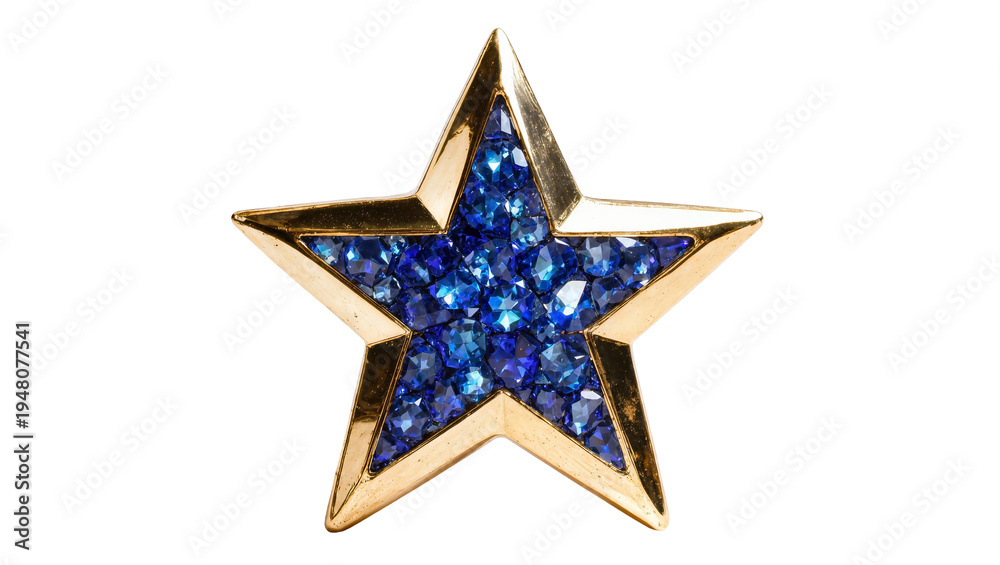 Obraz premium Isolated elegant golden star-shaped brooch adorned with sparkling blue faceted gemstones