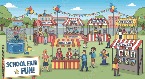 School Fair Fun with Carnival Games, Food Stalls, and Art Displays