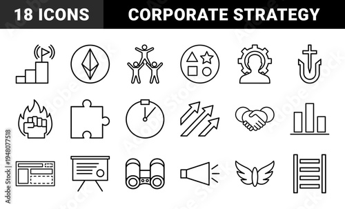 Business management icon set. Vector pictograms of growth, teamwork, strategy, leadership, stairs, binoculars, and analytics, thin outline illustration.