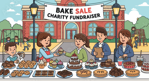 Charity Bake Sale Fundraiser Outside School Building with Kids and Adults