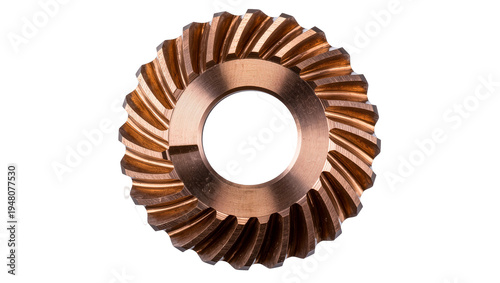 Isolated bronze helical gear wheel, a vital precisely engineered mechanical component.