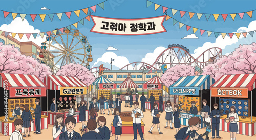 Amusement Park Scene with Students and Cherry Blossoms