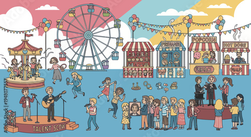 Amusement park festival with carousel, Ferris wheel, game stalls, talent show, and happy people.