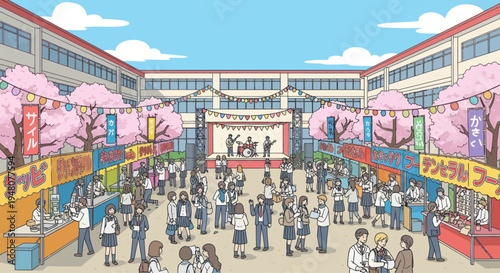 Japanese School Festival with Band Performance and Food Stalls Under Cherry Blossoms