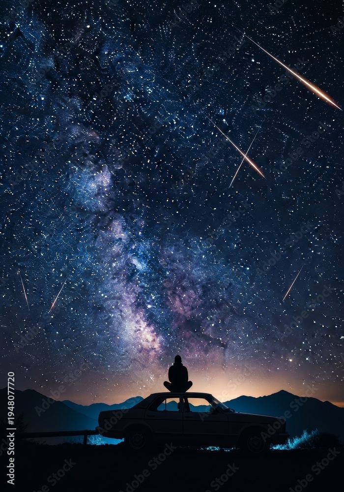 Fototapeta premium Woman sitting on car roof and watching meteor shower in night sky. Milky way galaxy above mountain silhouette. Stargazing, travel and freedom, mindfulness, cosmic wonder and adventure.