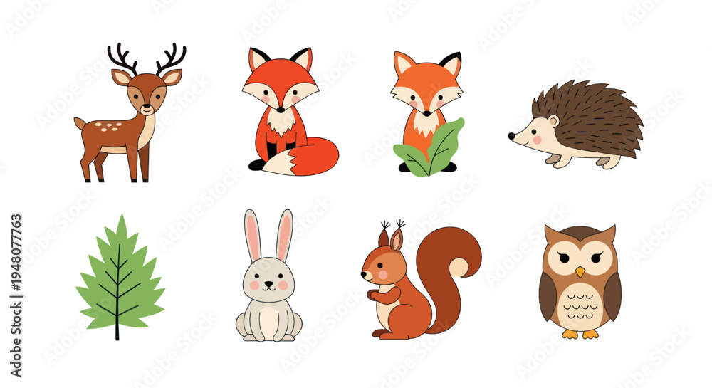 Fototapeta premium Cartoon forest animals collection illustration