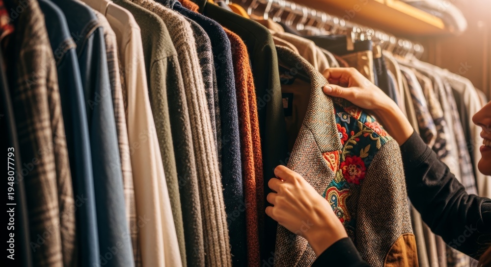 Fototapeta premium Woman shopping in clothing store and choosing blazer with flower pattern from rack. Customer looking for apparel in boutique. Fashion retail, garment selection and personal style concept.