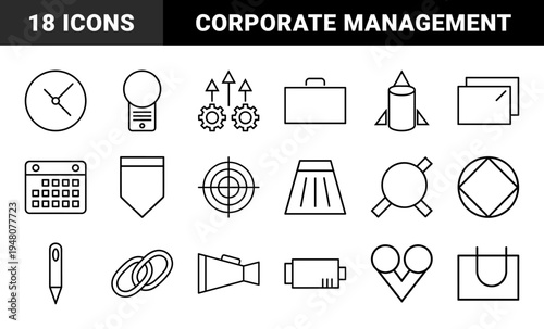 Business management line icon set. Vector pictograms of clock, gear, briefcase, rocket, target, calendar, link, and megaphone, thin outline illustration.