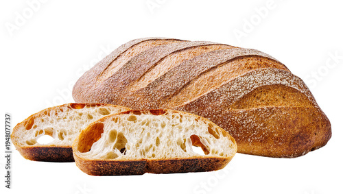 Isolated rustic artisan sourdough bread loaf with two fresh slices, organic baked food