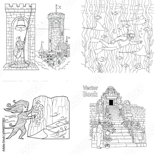 Medieval castle scene with knight and bell tower coloring with line art with black and white