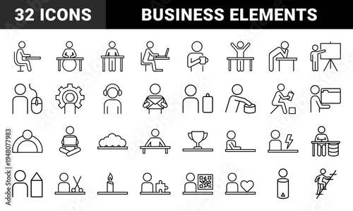 Business and office line icon set. Vector pictograms of lightbulb, trophy, document, megaphone, handshake, users, and gear, thin outline illustration.