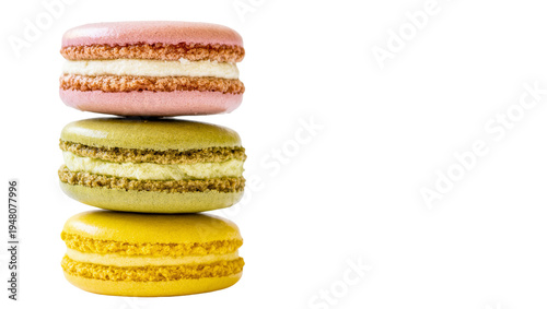 Isolated delicious stack of colorful macarons dessert, sweet French patisserie treat
