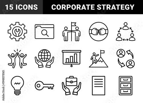 Business and management icon set. Vector pictograms of teamwork, strategy, global growth, presentation, lightbulb, and documents, thin outline illustration.