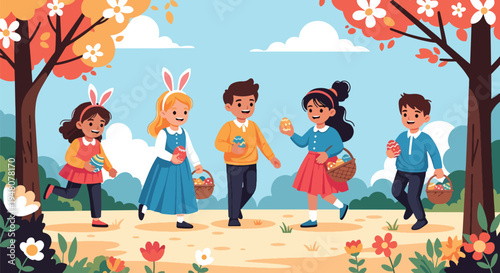 Joyful children searching for colorful Easter eggs in blooming spring park with baskets, flowers, and festive decorations in modern flat vector style