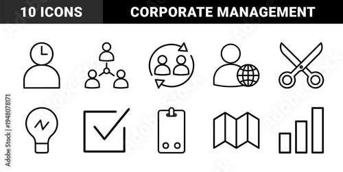 Business management and productivity line icon set. Vector pictograms of global profile, collaboration, schedule, hierarchy, scissors, bulb and map, thin outline illustration.