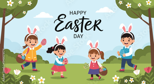 Joyful children searching for colorful Easter eggs in blooming spring park with baskets, flowers, and festive decorations in modern flat vector style