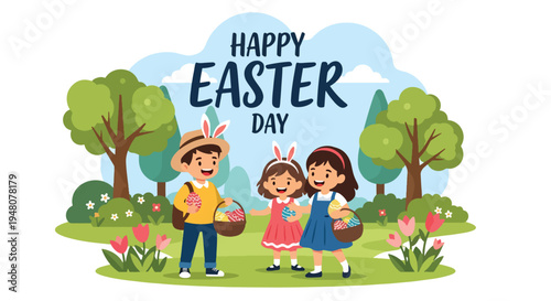 Joyful children searching for colorful Easter eggs in blooming spring park with baskets, flowers, and festive decorations in modern flat vector style